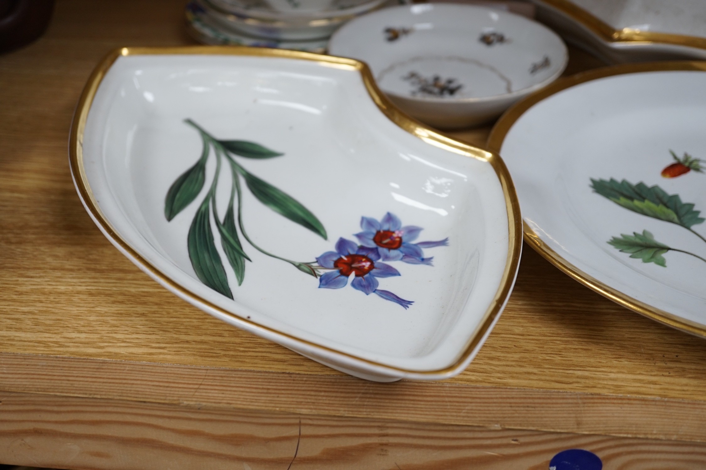 A Chamberlains Worcester botanical part supper set, c.1800-10, an English porcelain saucer and Bisto cups and saucers